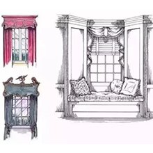 Three illustrations of window treatments and a window seat with curtains and pillows.