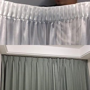Top view of white curtain pleating tape with gathered fabric; bottom view of gray curtains hanging from a rod.