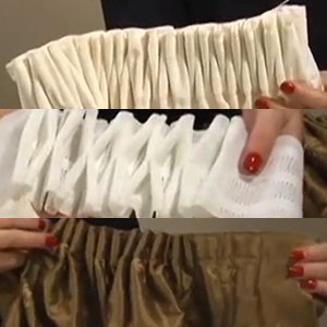 Three close-up views of white curtain pleating tape being held and manipulated by hands.