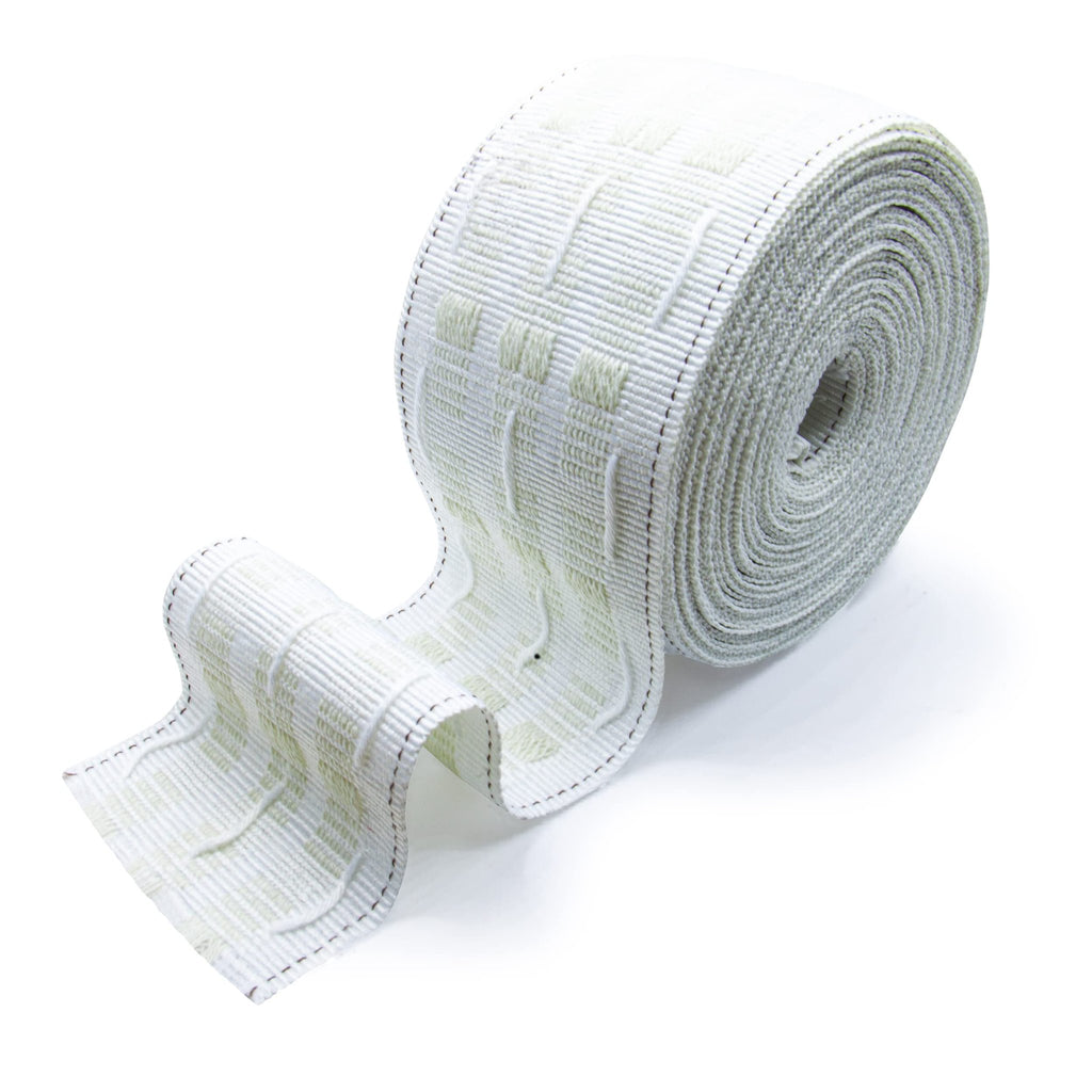 Roll of white curtain pleating tape with a subtle grid pattern and visible stitching