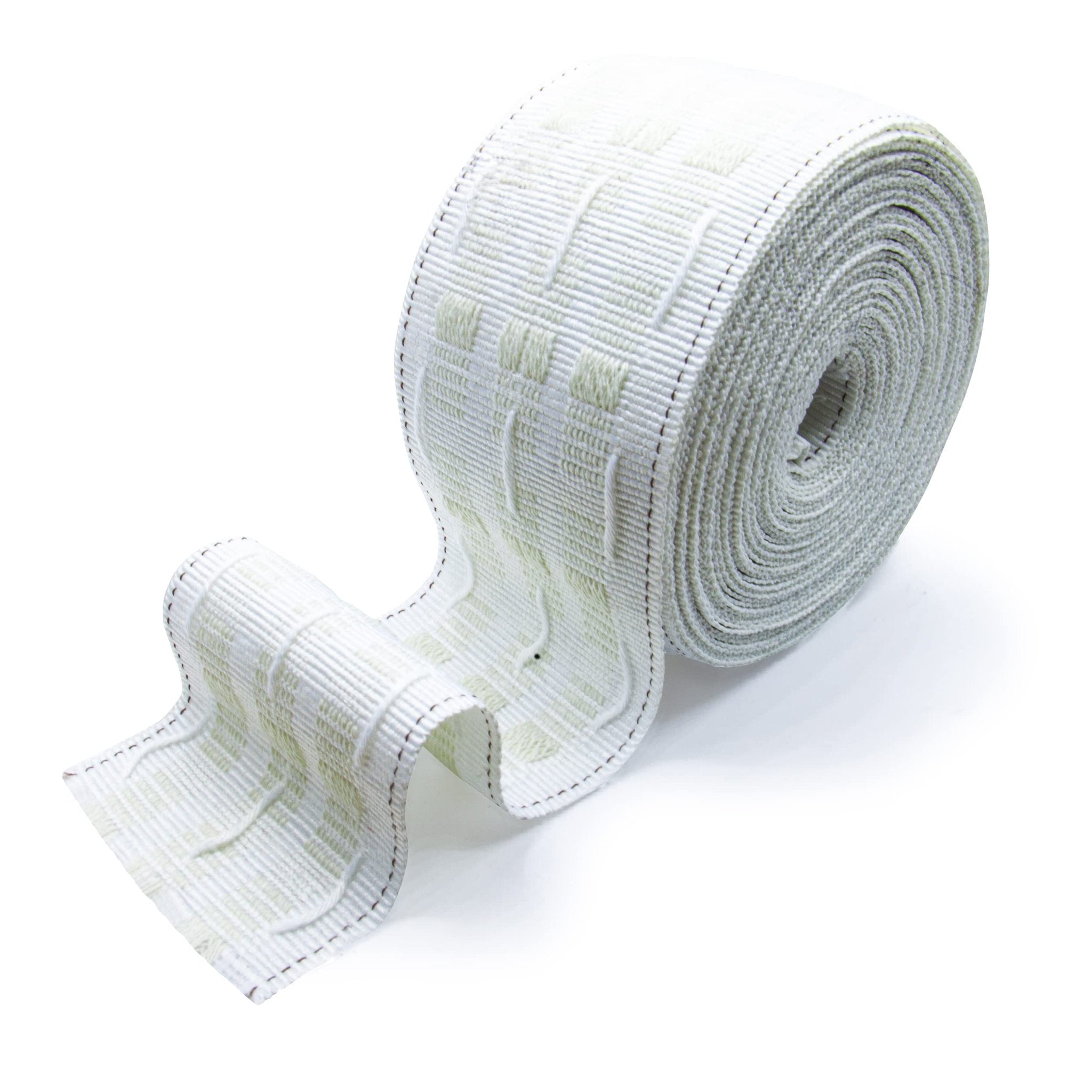 Roll of white curtain pleating tape with a subtle grid pattern and visible stitching