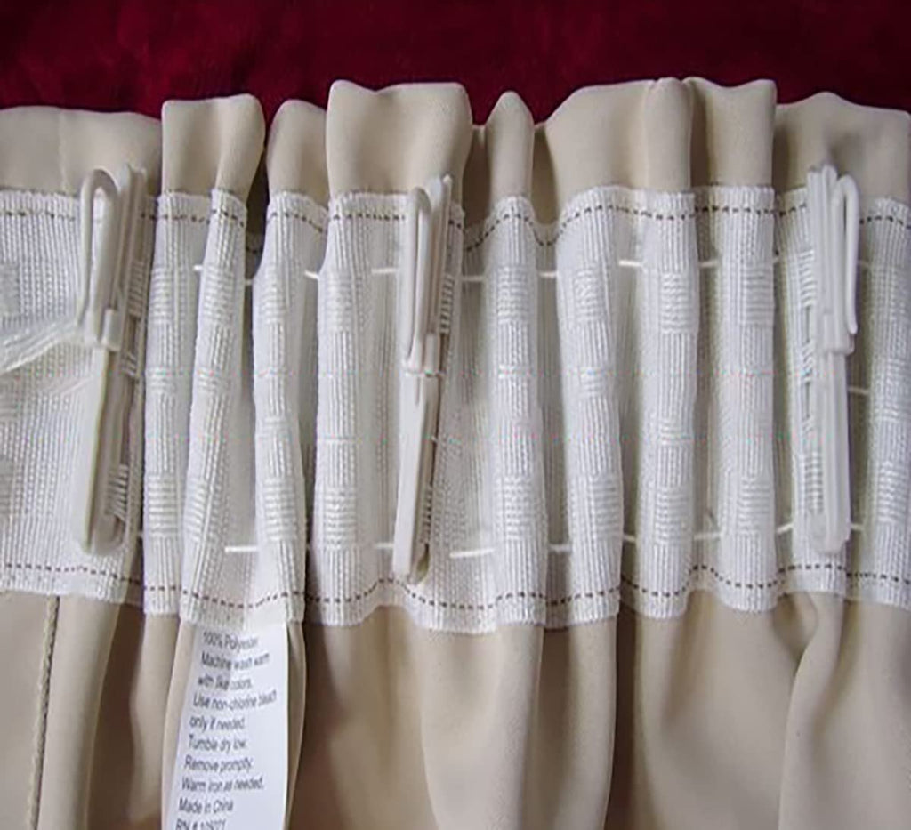 White curtain pleating tape with hooks and pull cords, showing fabric detail and care label.