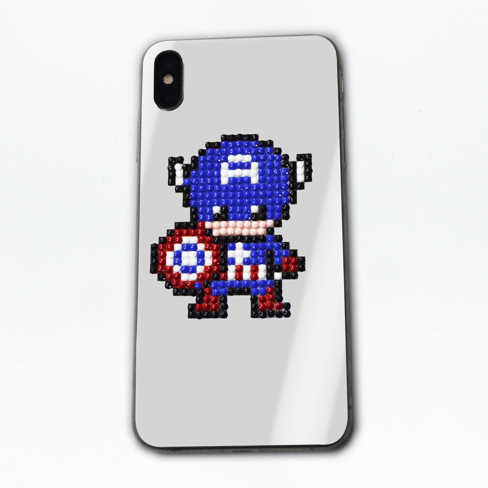 Diamond painting of Captain America on a smartphone case, viewed from the back.