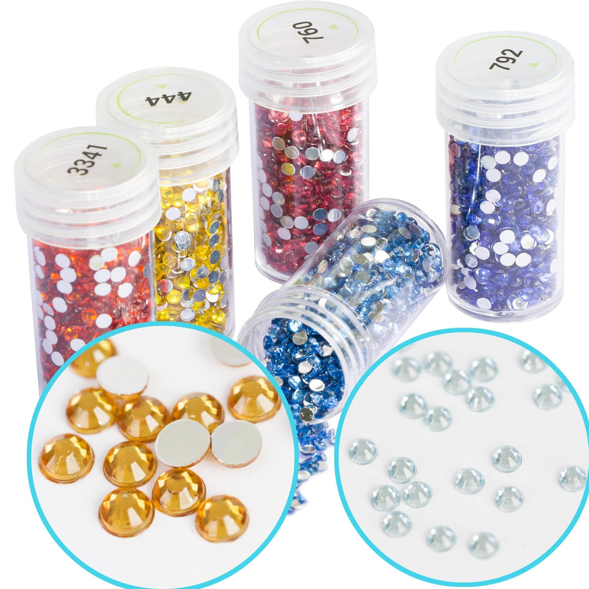Diamond painting rhinestones in clear plastic jars with numbered lids, close-ups of gold and clear rhinestones.