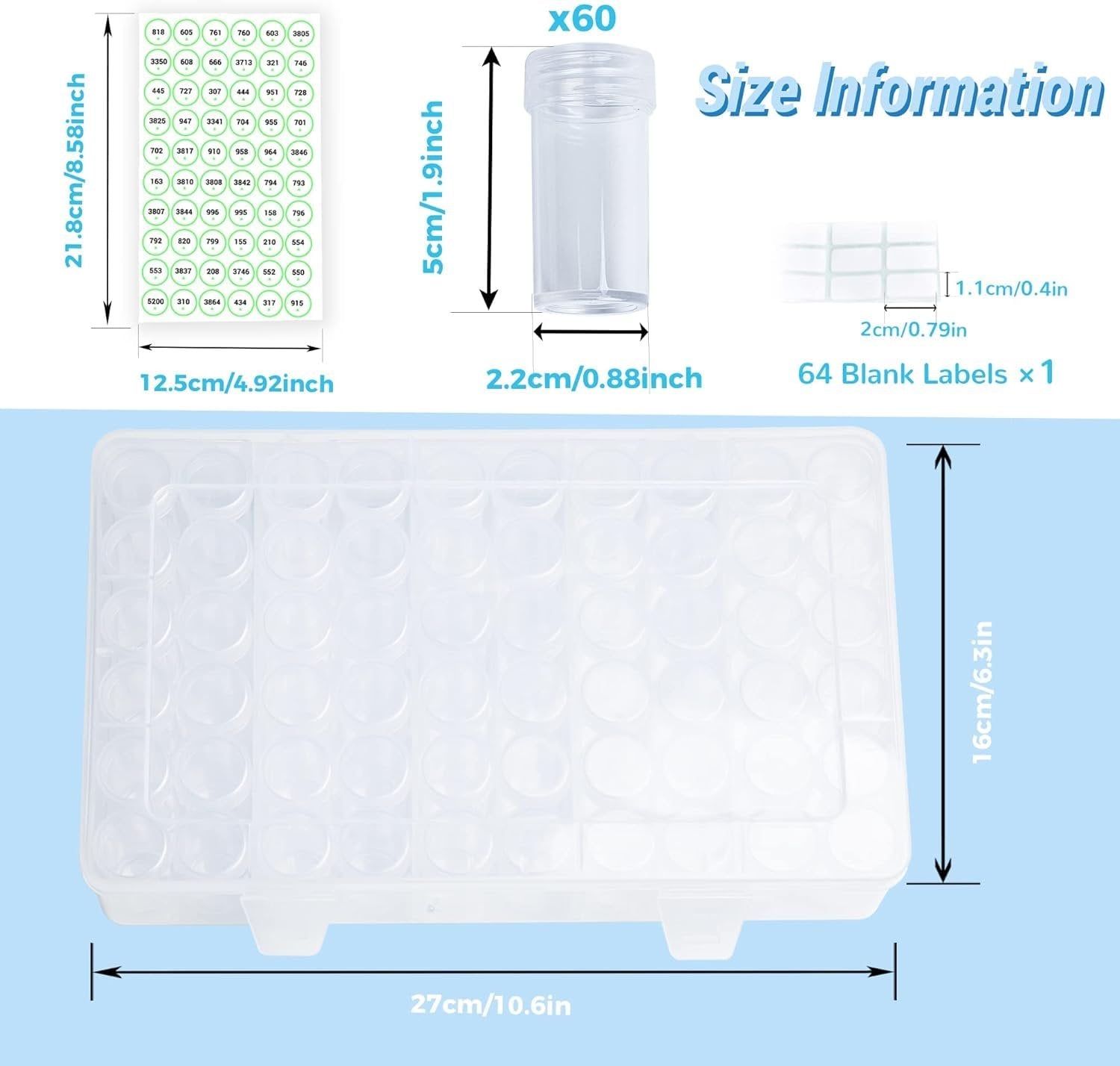 Diamond painting storage organizer with dimensions and labels, showing a clear plastic case with compartments, a small bottle, and a sheet of numbered labels.