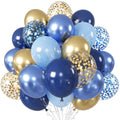 A bouquet of navy blue, gold, and light blue balloons, some filled with confetti, against a white background.