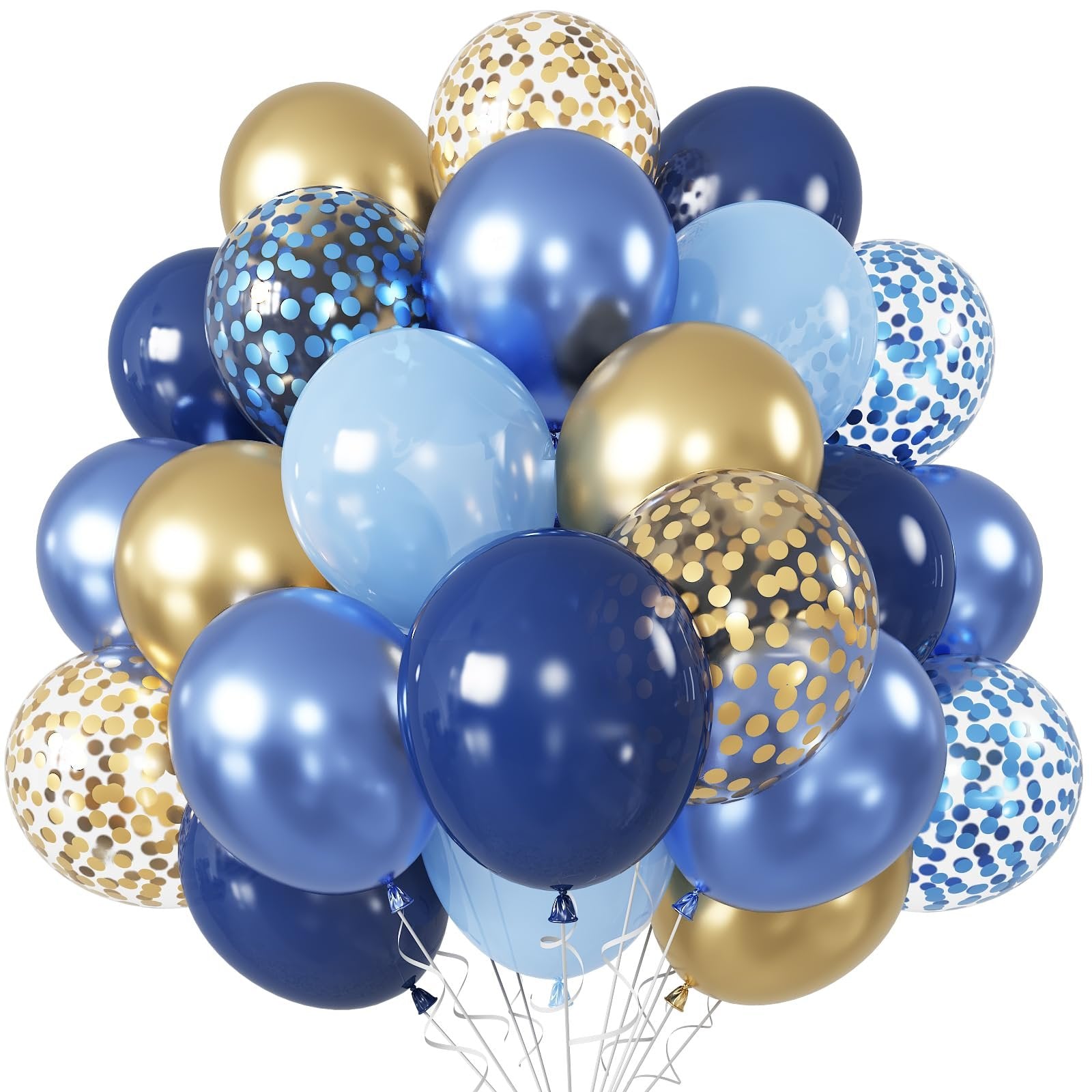 A bouquet of navy blue, gold, and light blue balloons, some filled with confetti, against a white background.