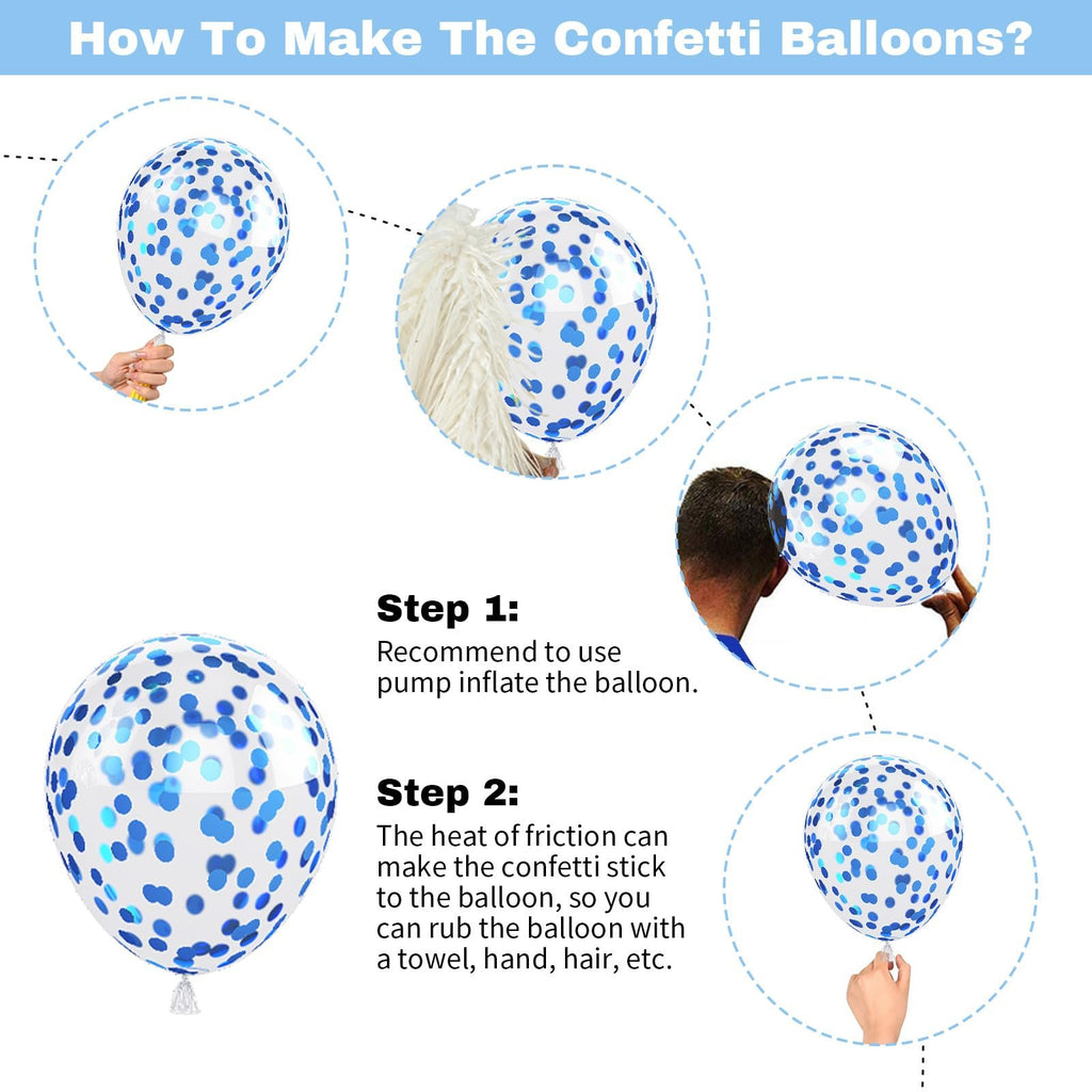 Confetti balloons being inflated and prepared, with step-by-step instructions.