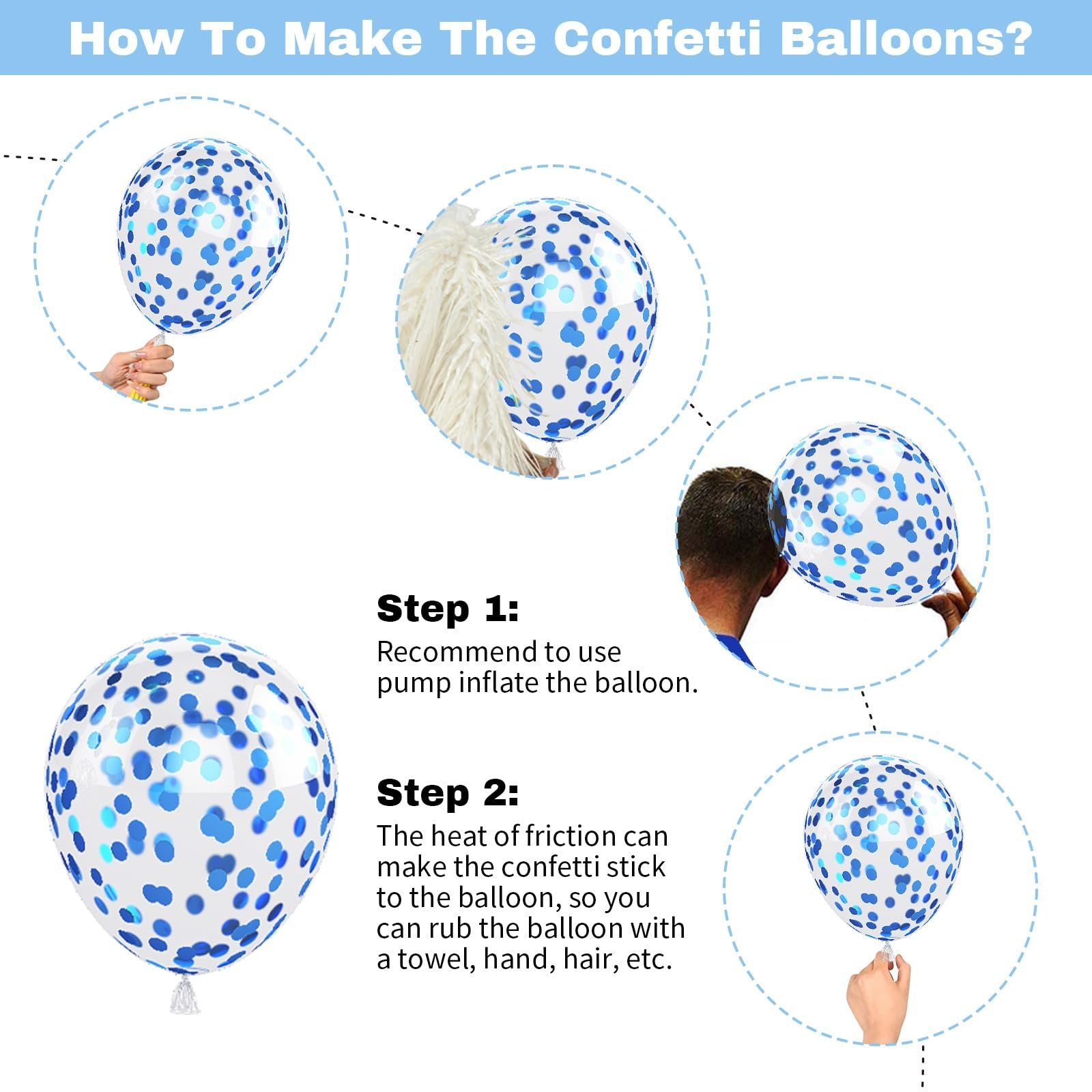 Confetti balloons being inflated and prepared, with step-by-step instructions.