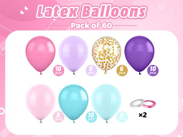 Pastel and gold confetti balloons with ribbon rolls, showing pack of 60 count.