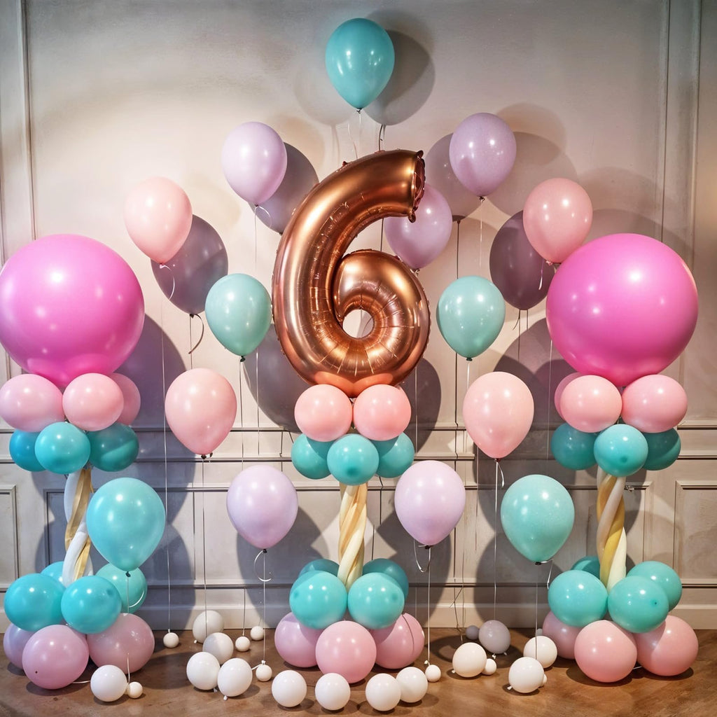 Rose gold number 6 balloon centerpiece surrounded by pastel pink, purple, and teal balloons.