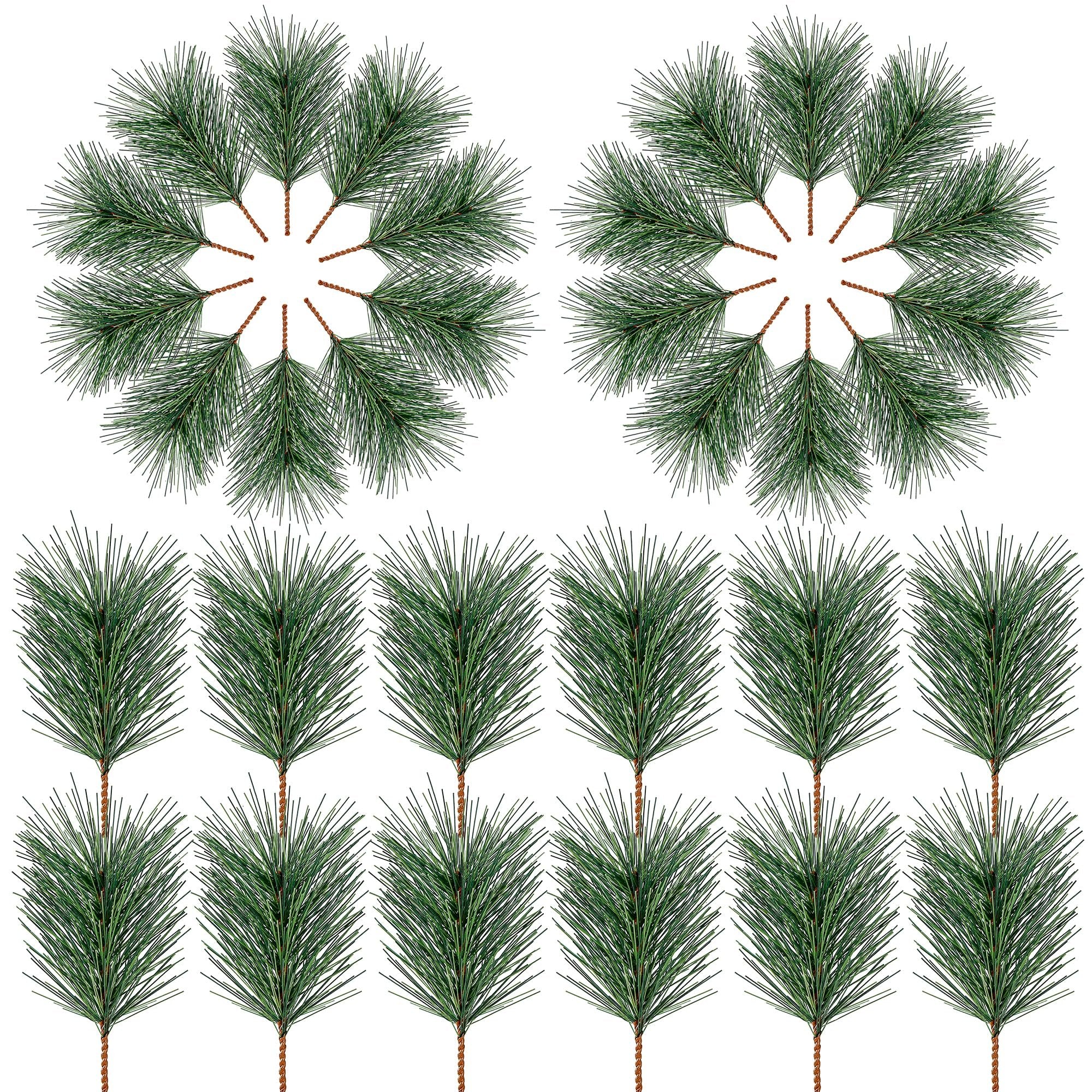 Artificial green pine needles arranged in two circular patterns and a grid of ten individual picks on a white background.