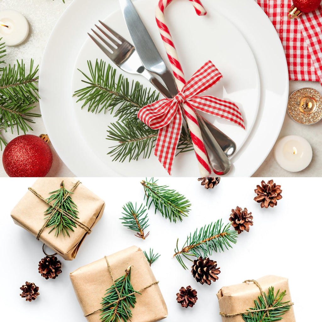Christmas table setting with pine sprigs and gifts, featuring a plate, cutlery, candy cane, and pine cones.