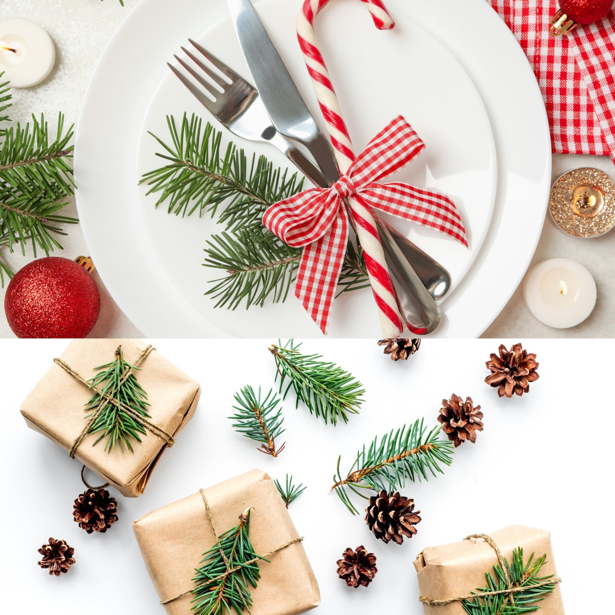 Christmas table setting with pine sprigs and gifts, featuring a plate, cutlery, candy cane, and pine cones.