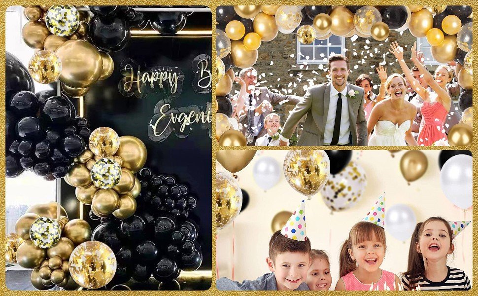 Collage of black, gold, and confetti balloons for party decor. Includes balloon arch, wedding scene, and children with party hats.
