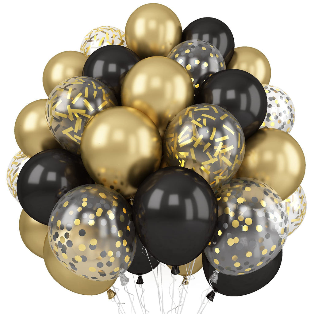 Cluster of black, gold, and confetti latex balloons against a white background.