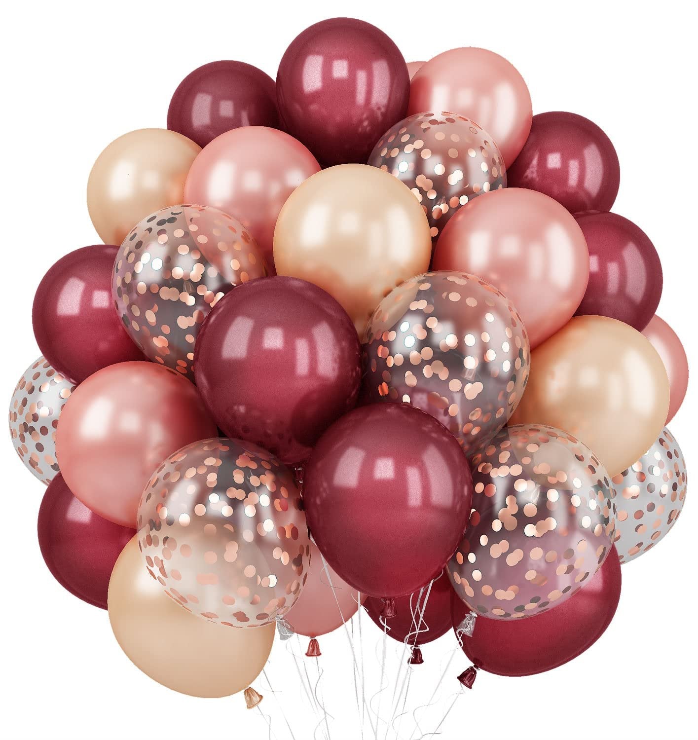 Cluster of burgundy, rose gold, wine red, and champagne latex balloons with confetti balloons against a white background.