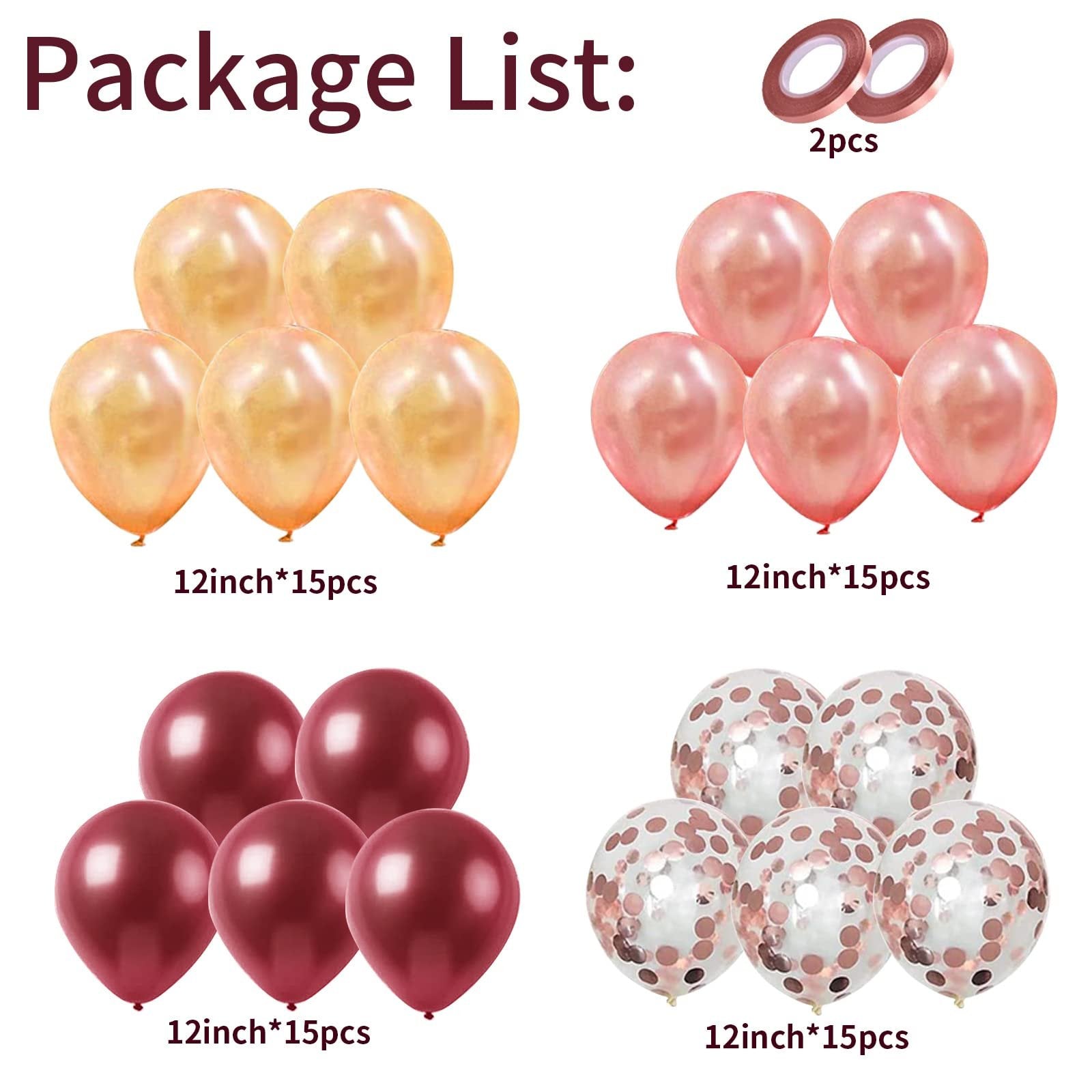 Four groups of 12-inch balloons: champagne, rose gold, burgundy, and confetti, with two rolls of tape.