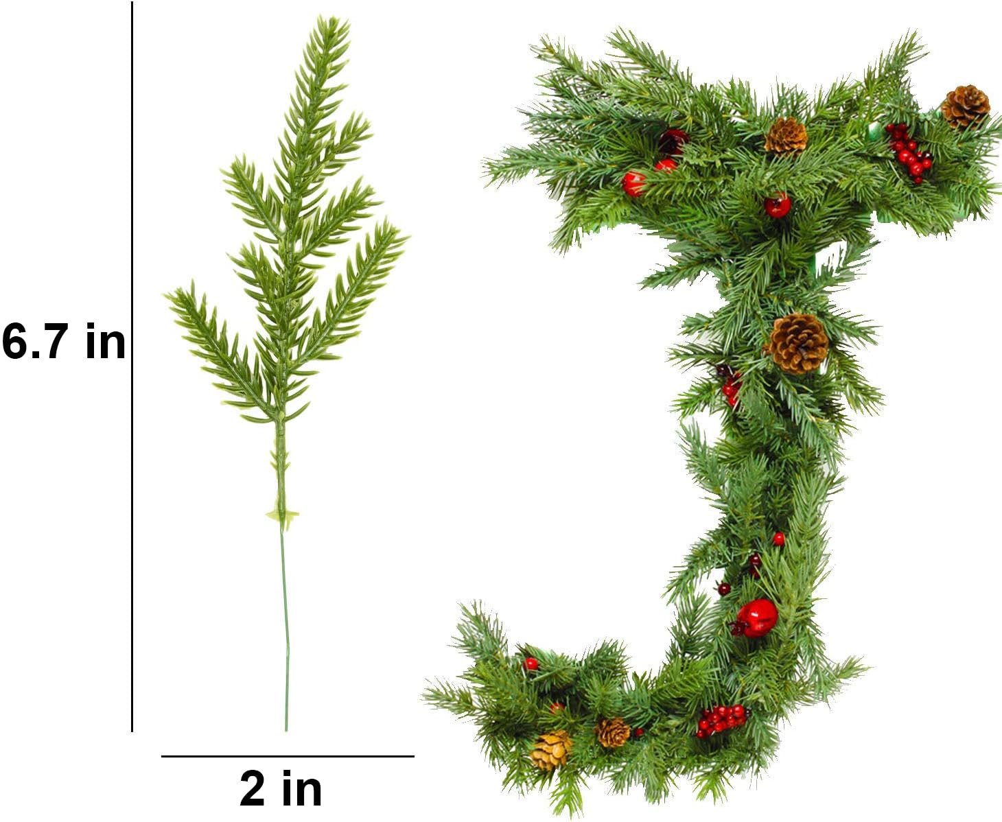 Artificial pine needle pick and a garland with pine cones and red berries, with dimensions shown
