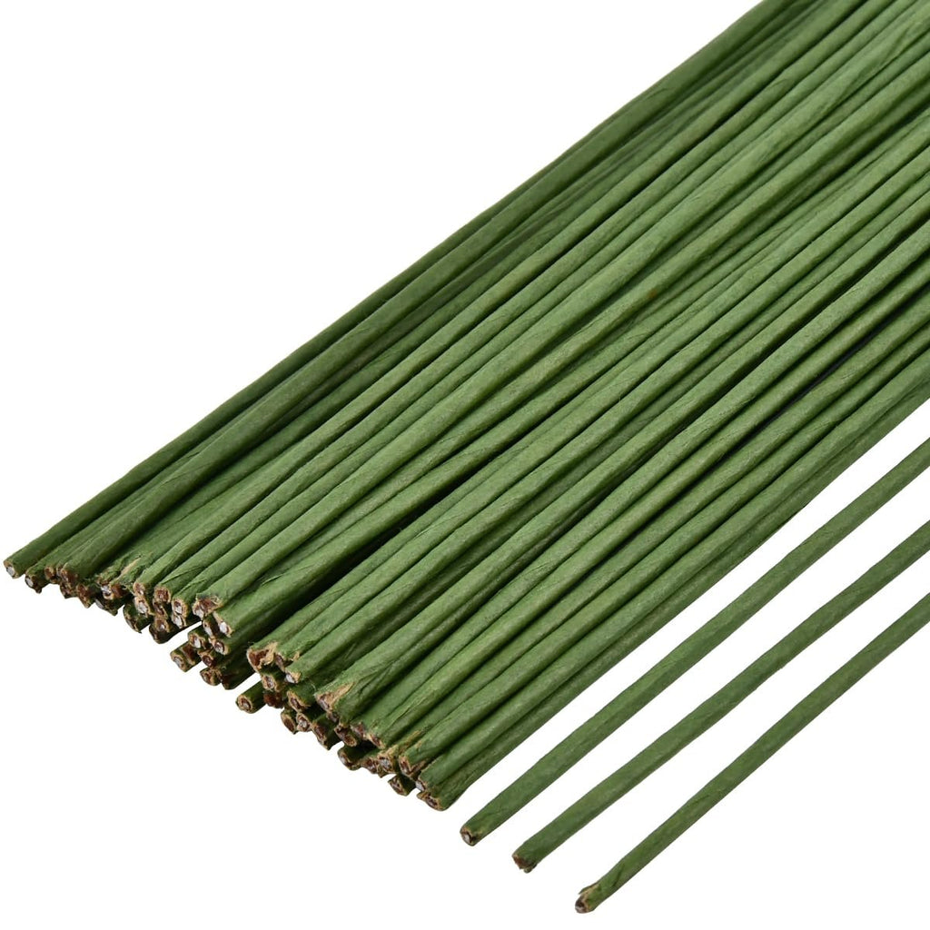 Bundle of 16-inch green floral wire stems on a white background, angled view