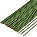 Bundle of 16-inch green floral wire stems on a white background, angled view