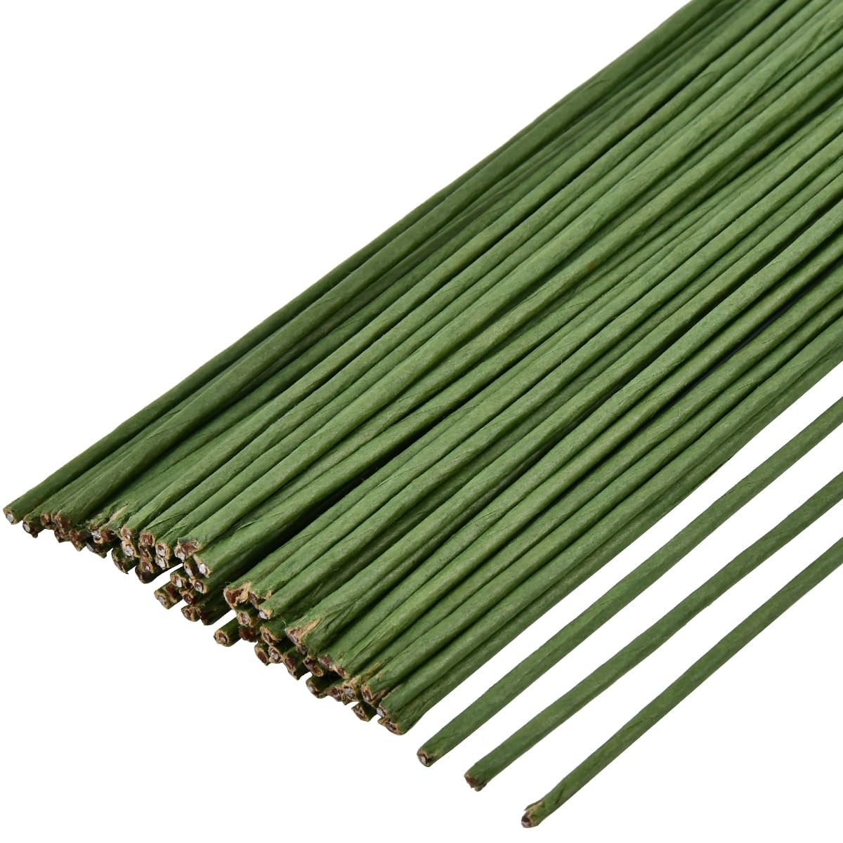 Bundle of 16-inch green floral wire stems on a white background, angled view