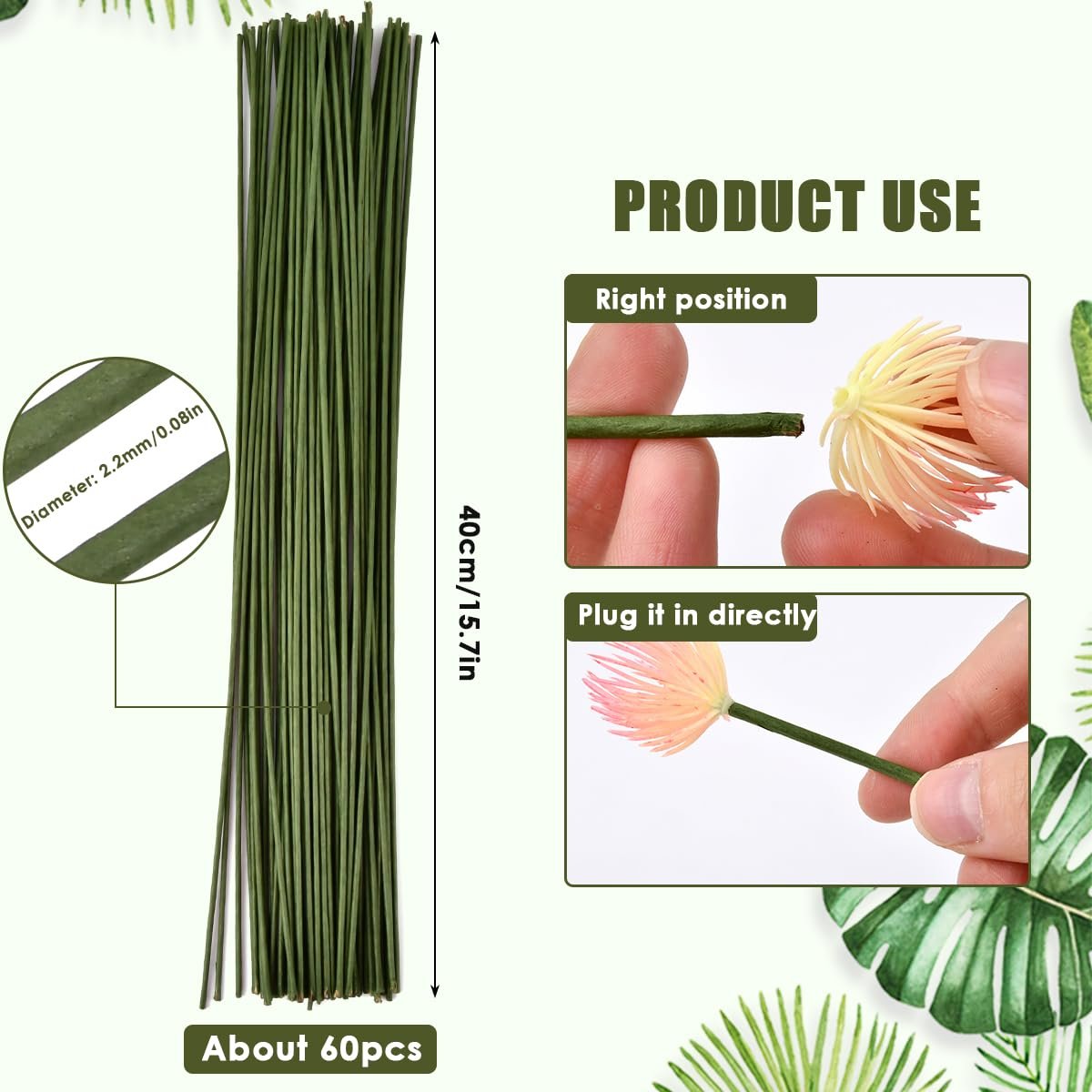Bundle of green floral wire stems with diameter and length callouts, showing product use instructions for attaching artificial flowers.