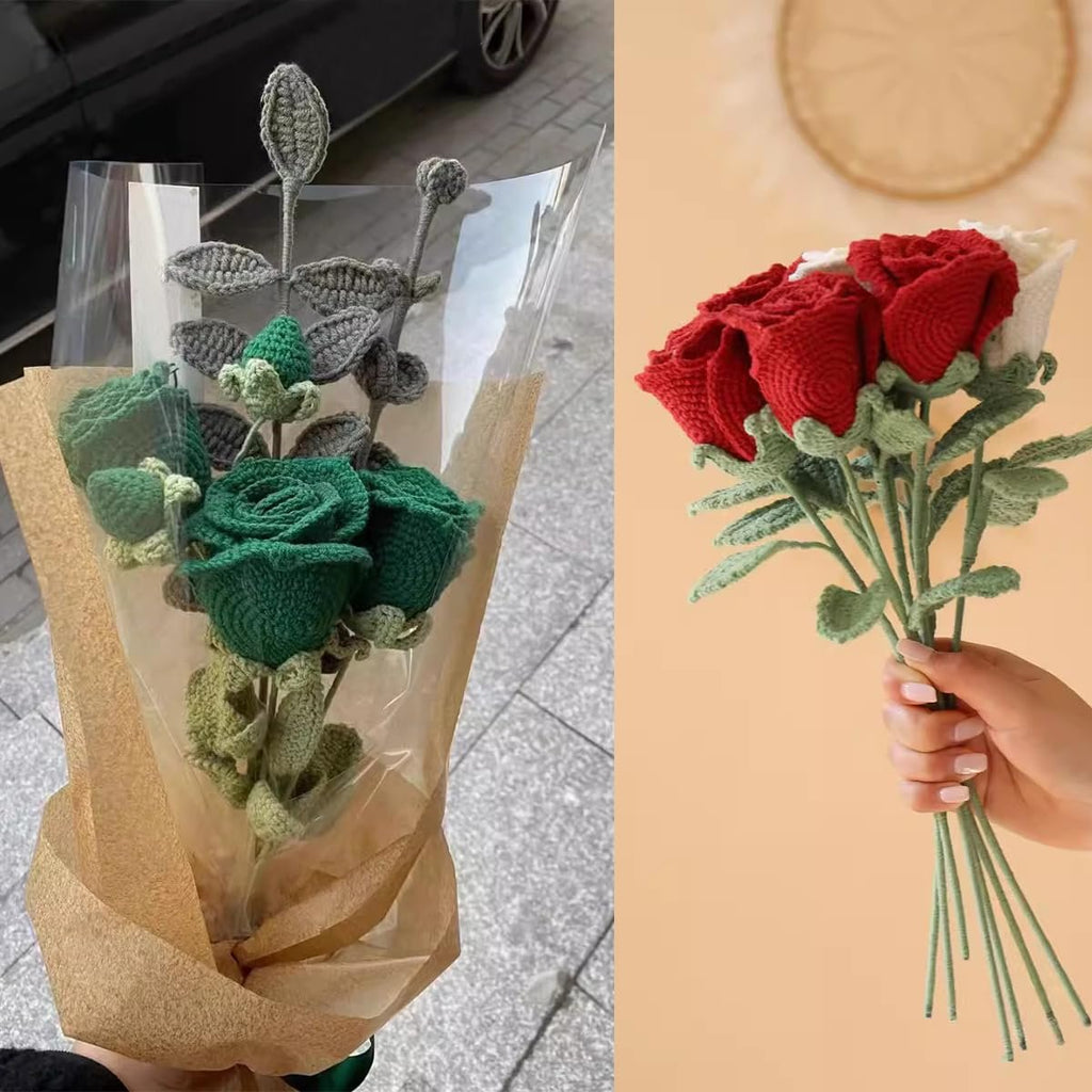 Crocheted roses in green and red bouquets, one wrapped in paper and plastic, the other held by a hand.