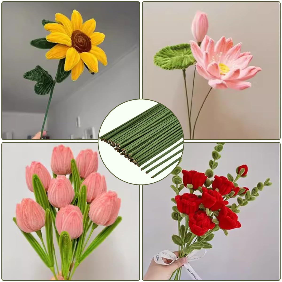 Collage of artificial flowers and floral wire stems. Includes a sunflower, lotus, tulips, red roses, and a bundle of green wire.