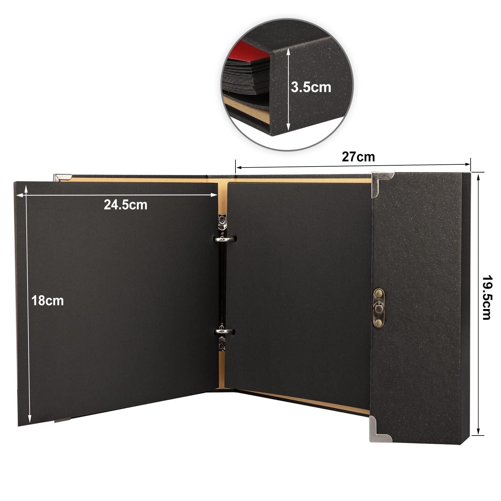 Open black scrapbook photo album with dimensions labeled, showing black pages and metal binding rings. Inset shows page thickness.