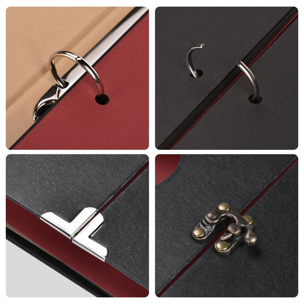 Close-up collage of a black scrapbook album showing binder rings, metal corner protectors, and a decorative clasp.