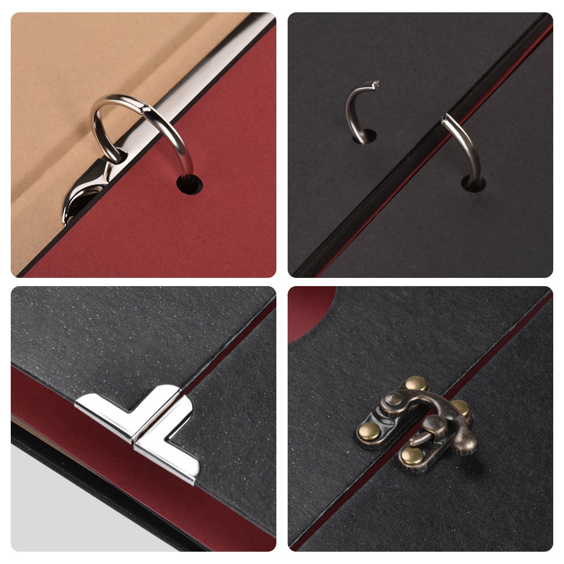 Close-up collage of a black scrapbook album showing binder rings, metal corner protectors, and a decorative clasp.