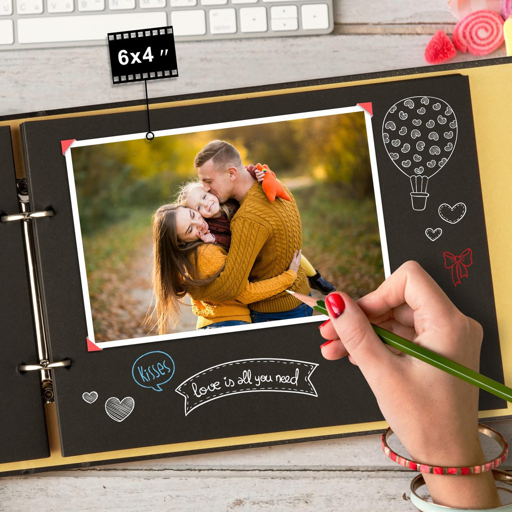 DIY scrapbook page with a family photo, chalk-style drawings of a hot air balloon and hearts, and text overlays.