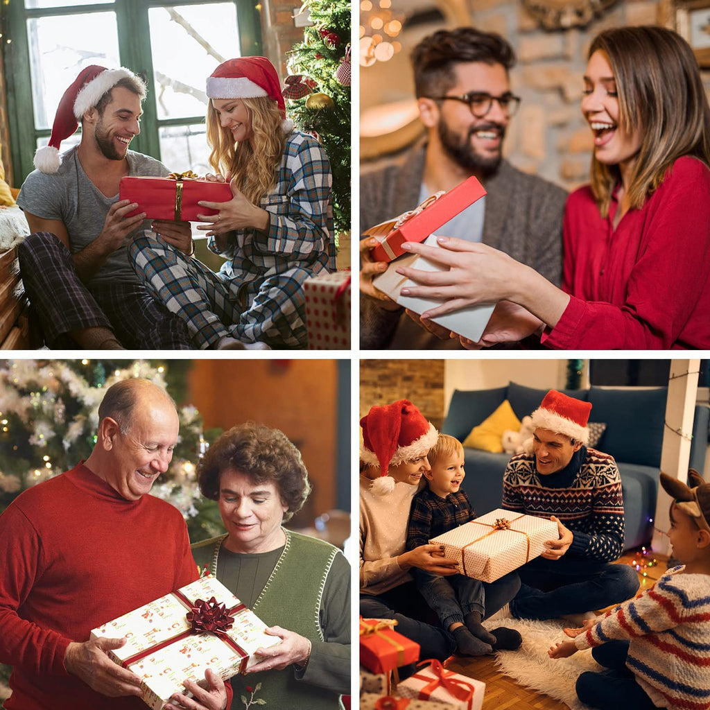 Four scenes of families exchanging Christmas gifts, wearing Santa hats and festive attire.