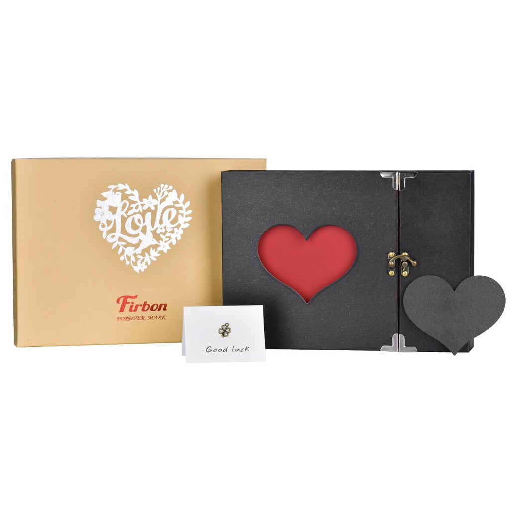 DIY scrapbook photo album gift set with a gold box featuring a white heart and 'love' design, and a black album with a red heart cutout.