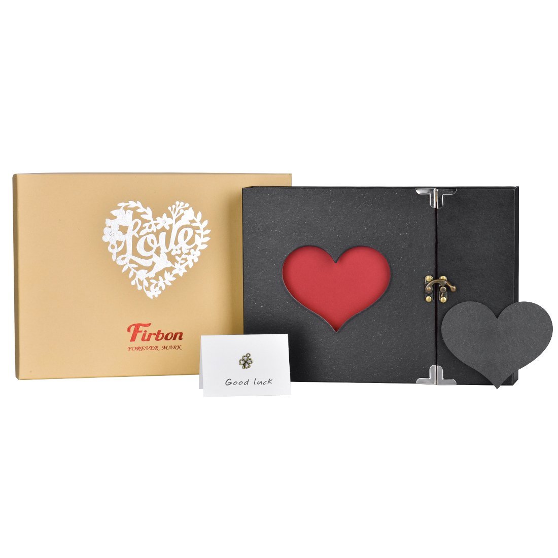DIY scrapbook photo album gift set with a gold box featuring a white heart and 'love' design, and a black album with a red heart cutout.