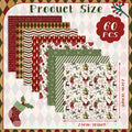 Stack of Christmas-themed fabric squares with Santa, snowmen, reindeer, and trees patterns. Includes size indicators.