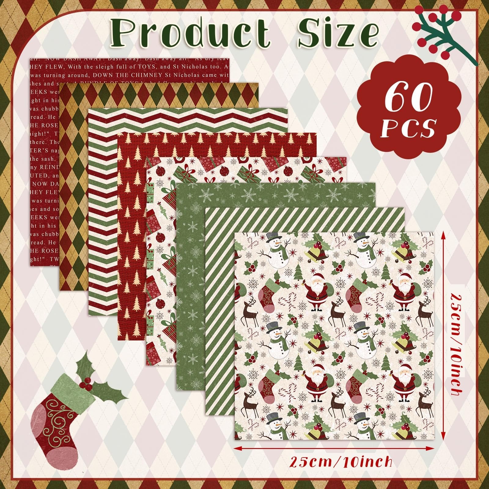 Stack of Christmas-themed fabric squares with Santa, snowmen, reindeer, and trees patterns. Includes size indicators.