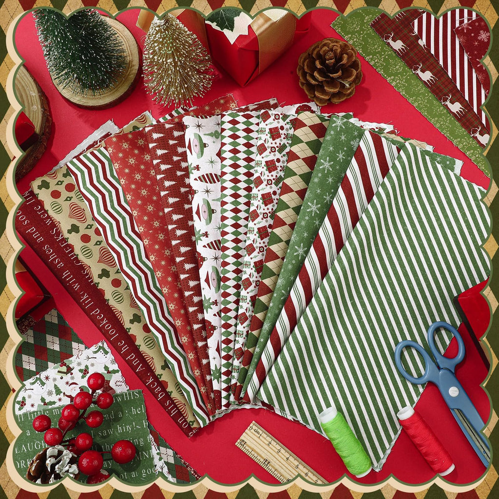 Christmas fabric squares with festive patterns arranged with scissors, thread, and decorative elements on a red background.