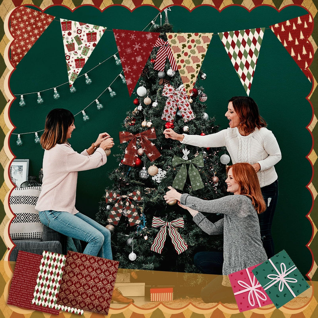 Three women decorating a Christmas tree with ornaments and bows, with festive bunting and string lights overhead.