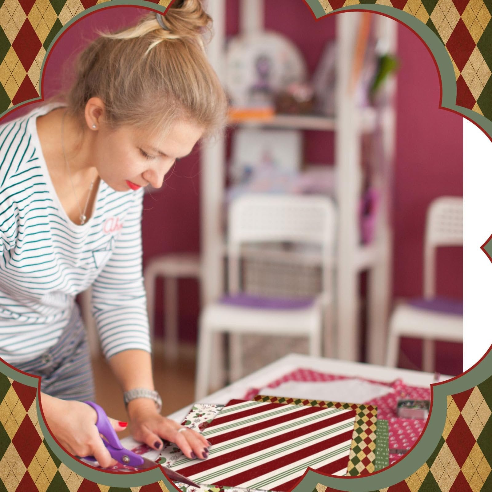 Woman cutting Christmas fabric squares with scissors at a table, surrounded by a decorative border.