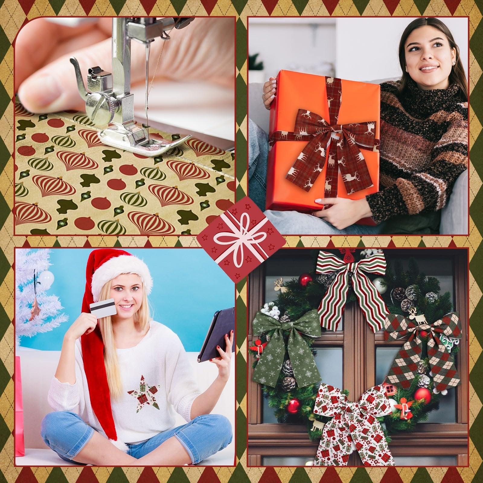 Collage of Christmas crafts: sewing fabric, person wrapping gift, woman shopping online, and decorated wreath with bows.