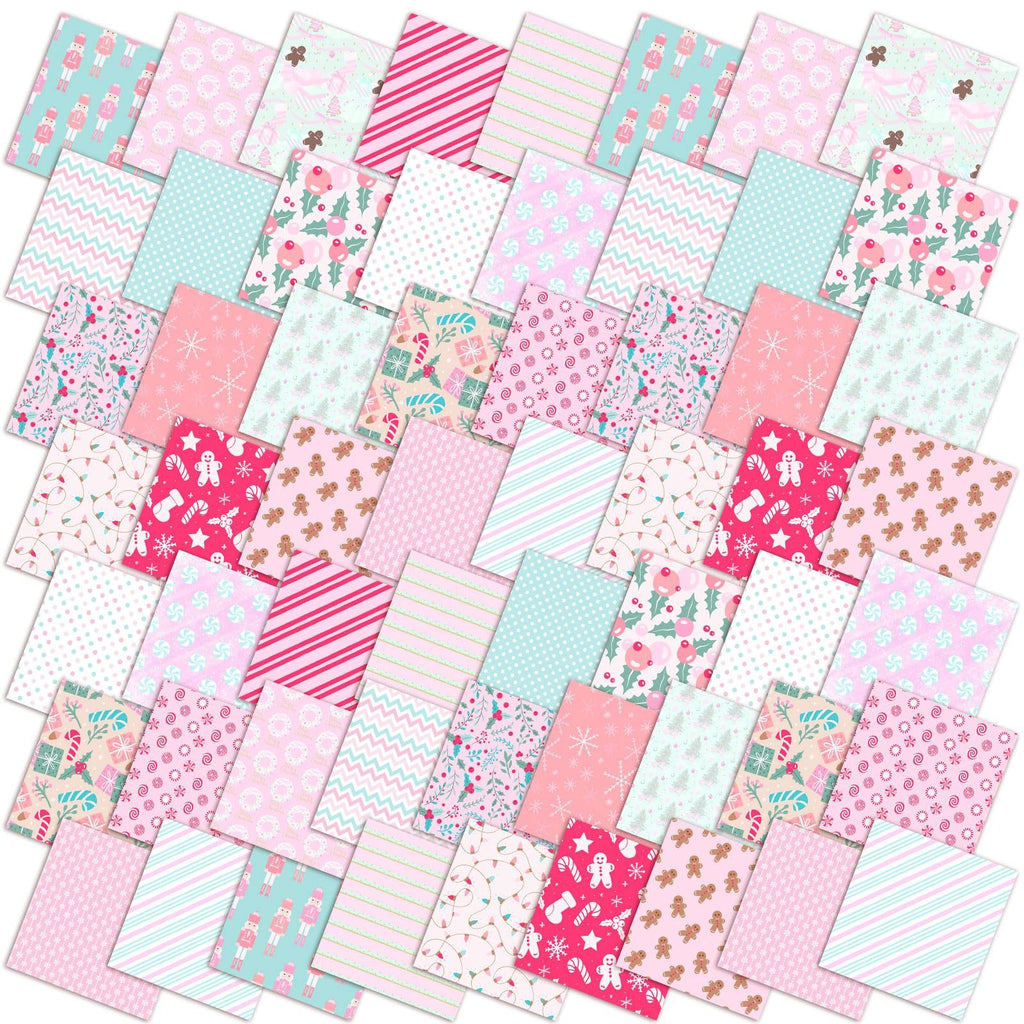 Pastel Christmas fabric squares with gingerbread men, nutcrackers, holly, and candy canes.