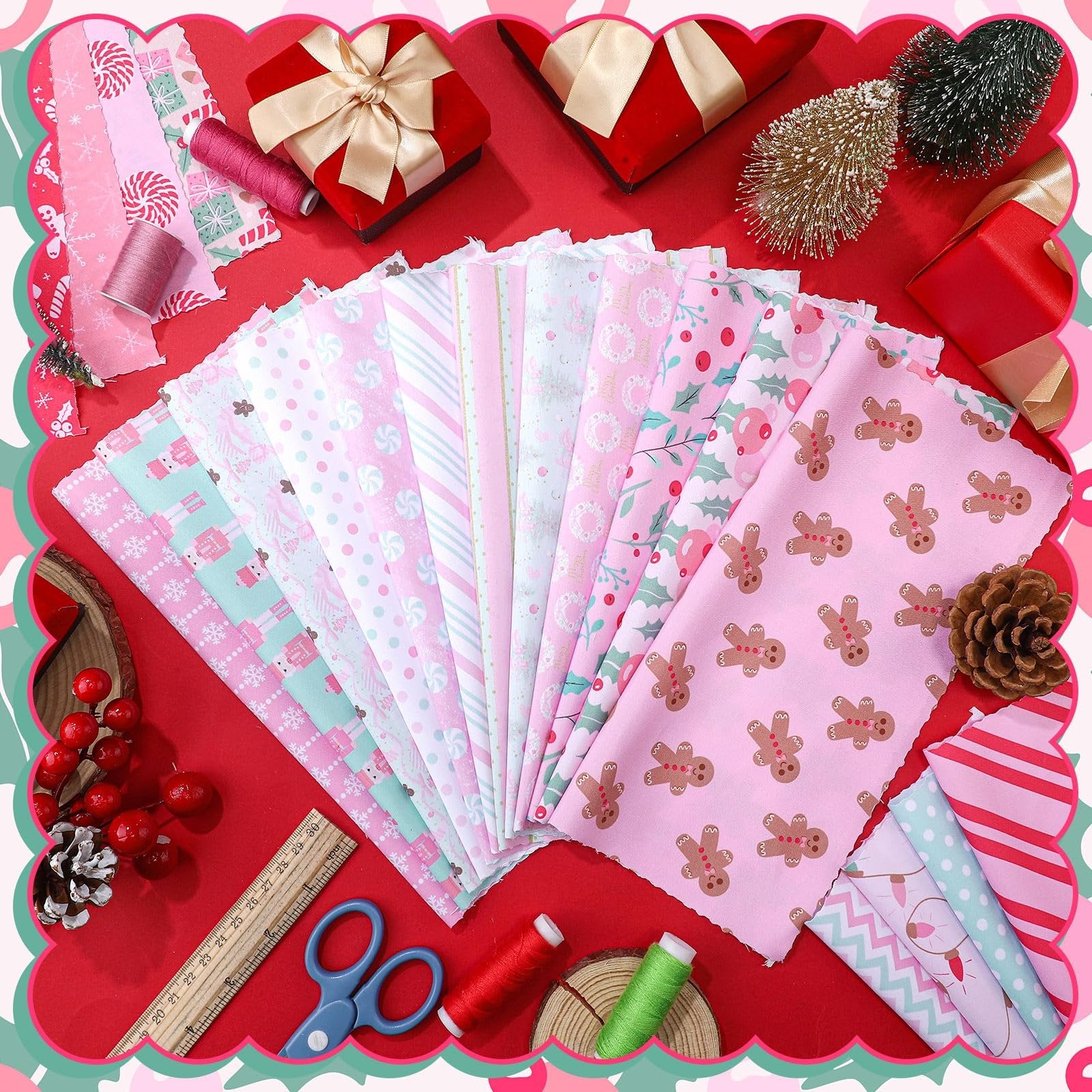 Pastel Christmas fabric squares with gingerbread men, nutcrackers, and candy canes, arranged with sewing supplies and gift boxes.