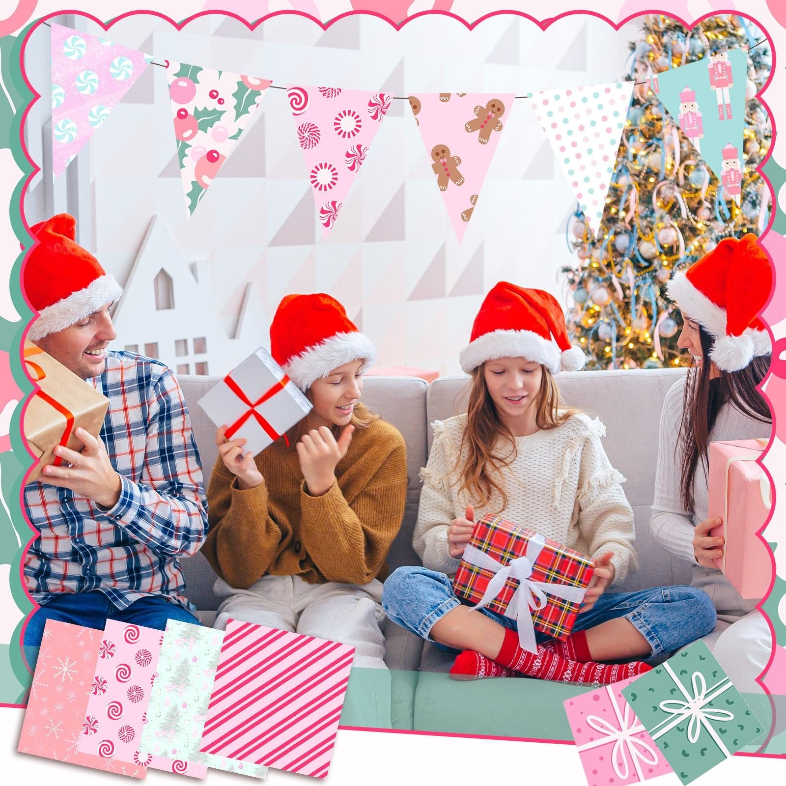 Family in Santa hats opening Christmas gifts with festive bunting and tree in background