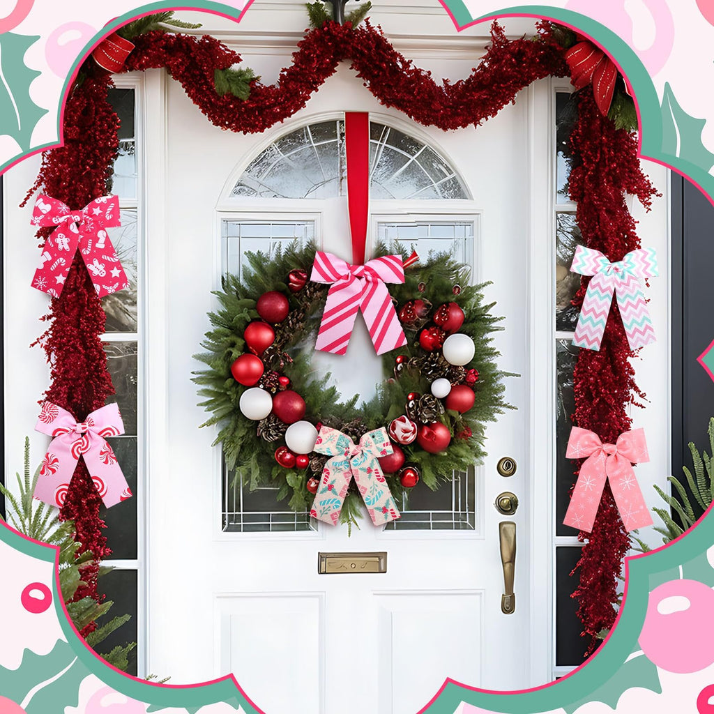 Christmas wreath and garland on a white door decorated with various pastel Christmas bows
