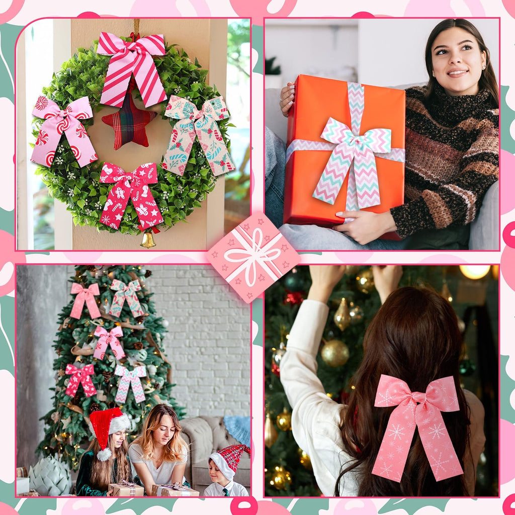 Collage of Christmas decorations featuring fabric bows: a wreath with bows, a gift wrapped with a bow, a Christmas tree decorated with bows, and a woman wearing a bow in her hair.