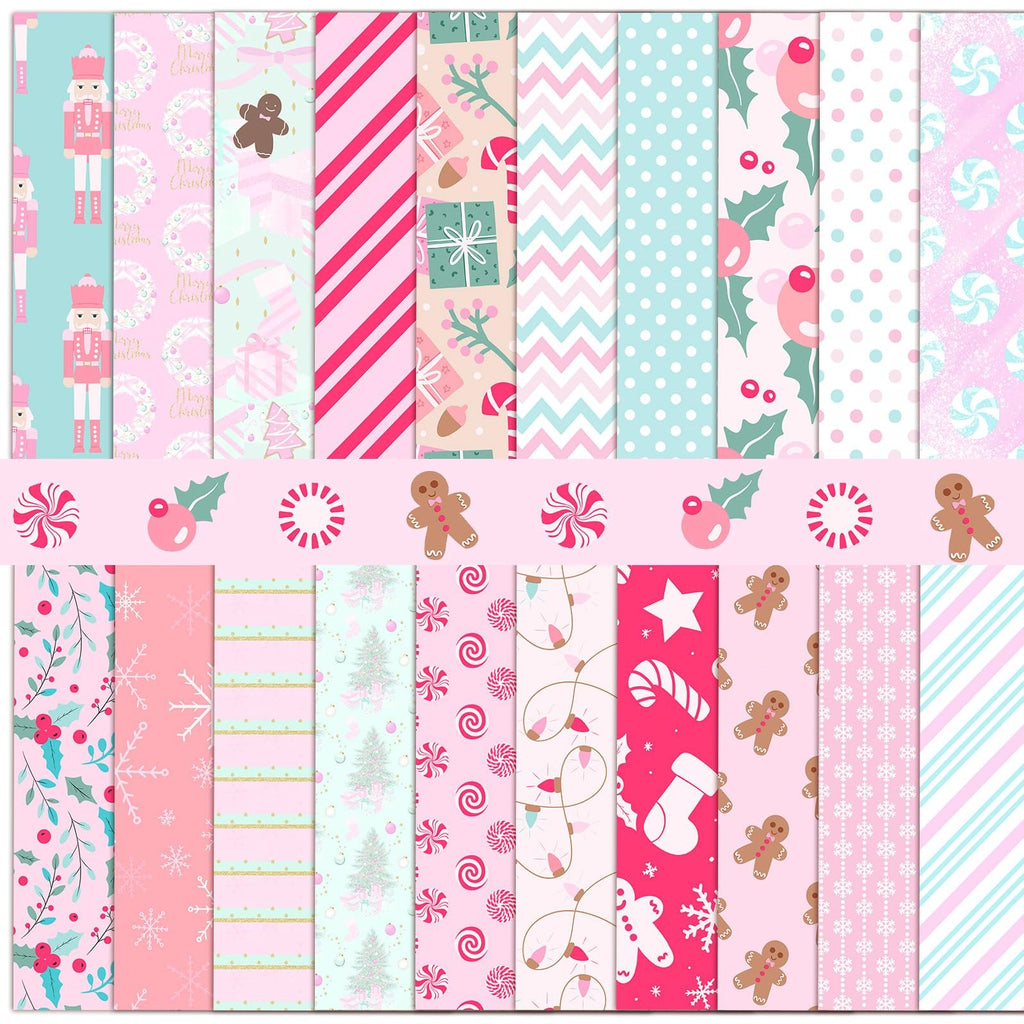 Collection of 60 pastel Christmas fabric squares with various festive patterns including nutcrackers, gingerbread men, holly, snowflakes, and candy canes.
