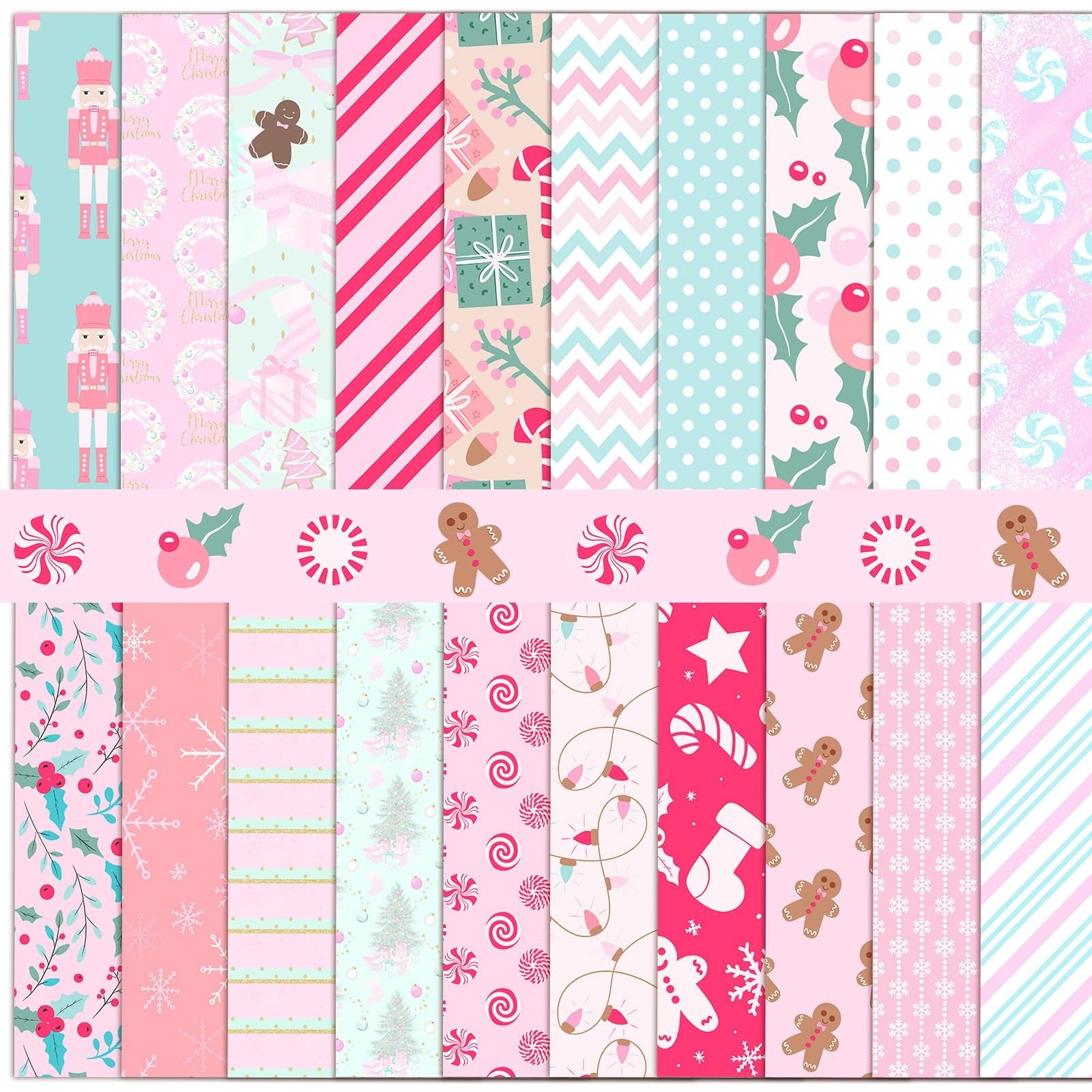 Collection of 60 pastel Christmas fabric squares with various festive patterns including nutcrackers, gingerbread men, holly, snowflakes, and candy canes.
