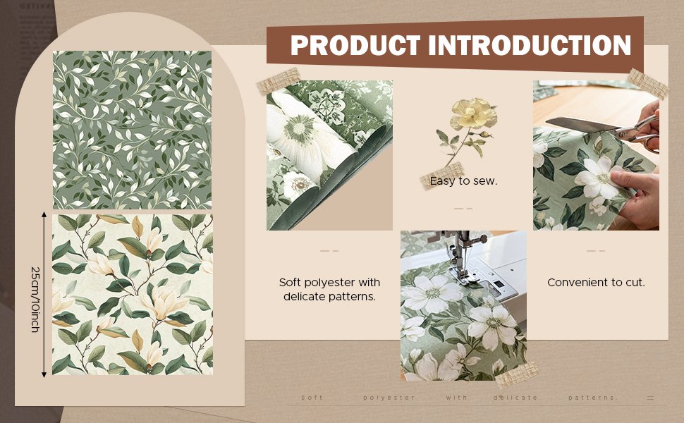 Fabric squares with floral and vine patterns, showing size and sewing applications.